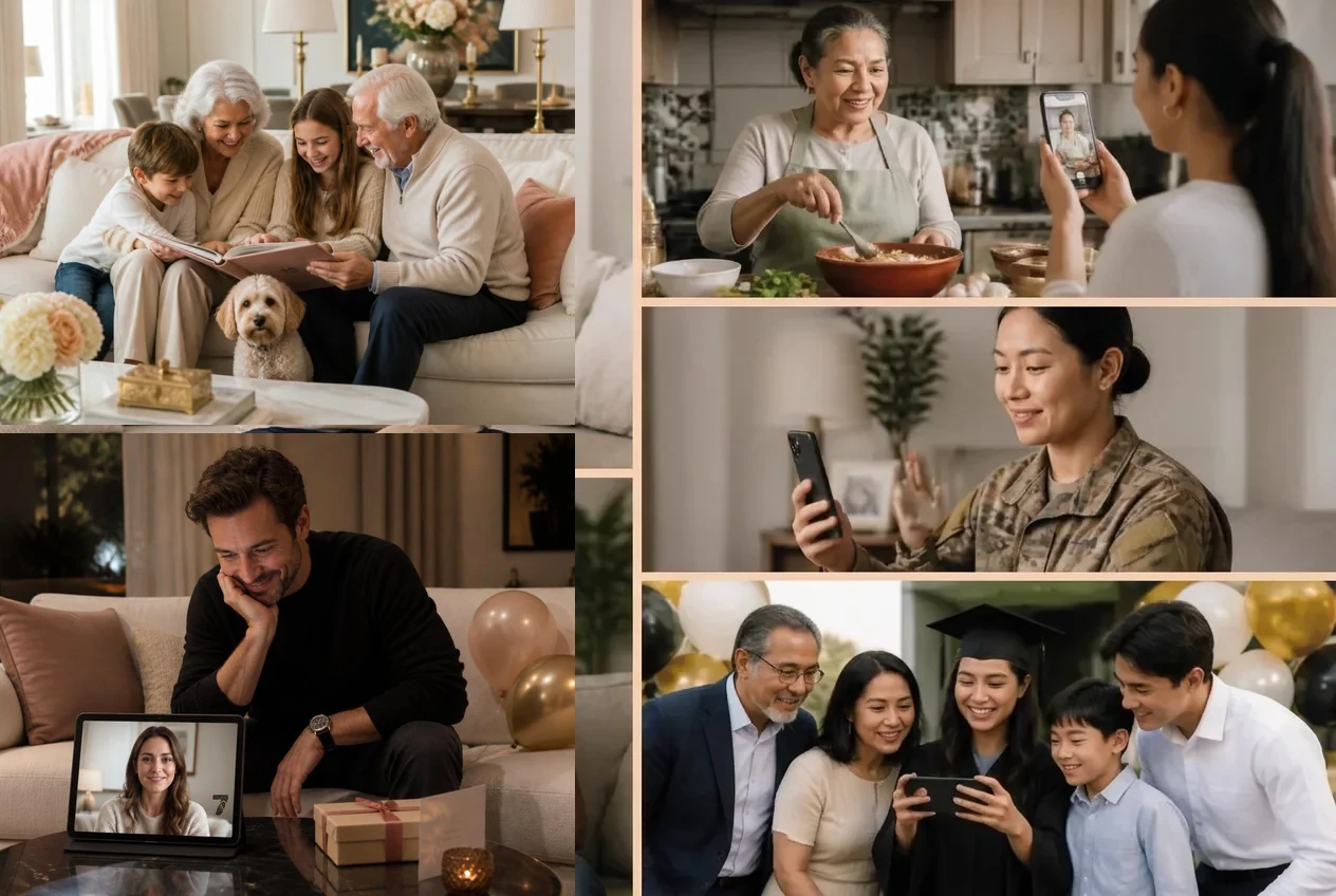 Five connected family moments: a Black father recording encouragement for his daughter, a Latina grandmother sharing a recipe, an Asian military mother recording for loved ones, an interracial married couple preserving messages, and an Asian family watching a saved message at a graduation.