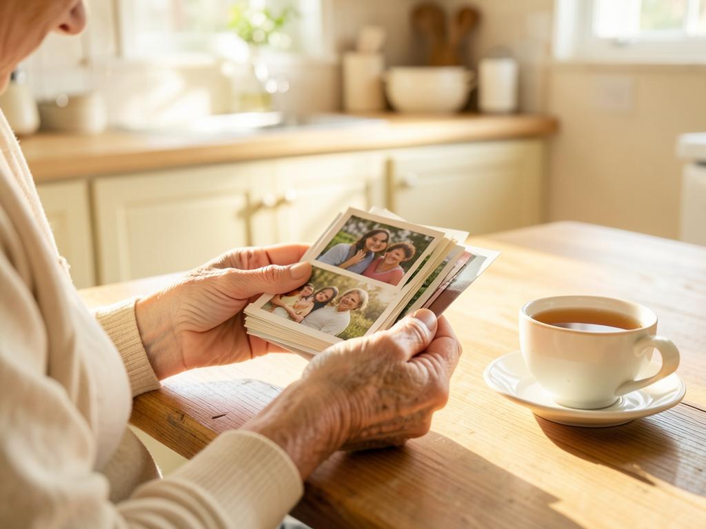 An older woman's hands holding family photographs at a kitchen table