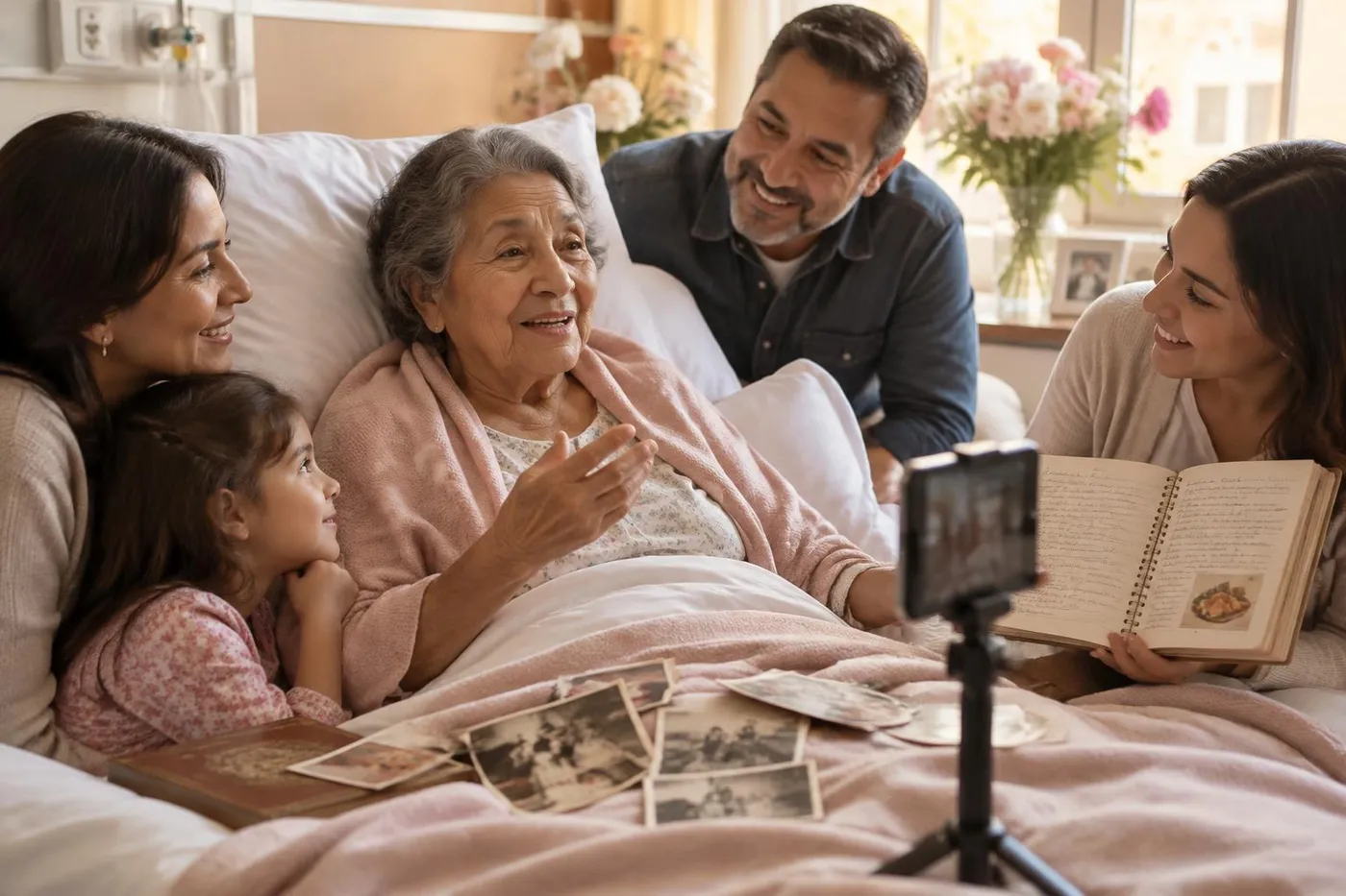 A Hispanic mother in a hospital bed recording family recipes and traditions while surrounded by loved ones.