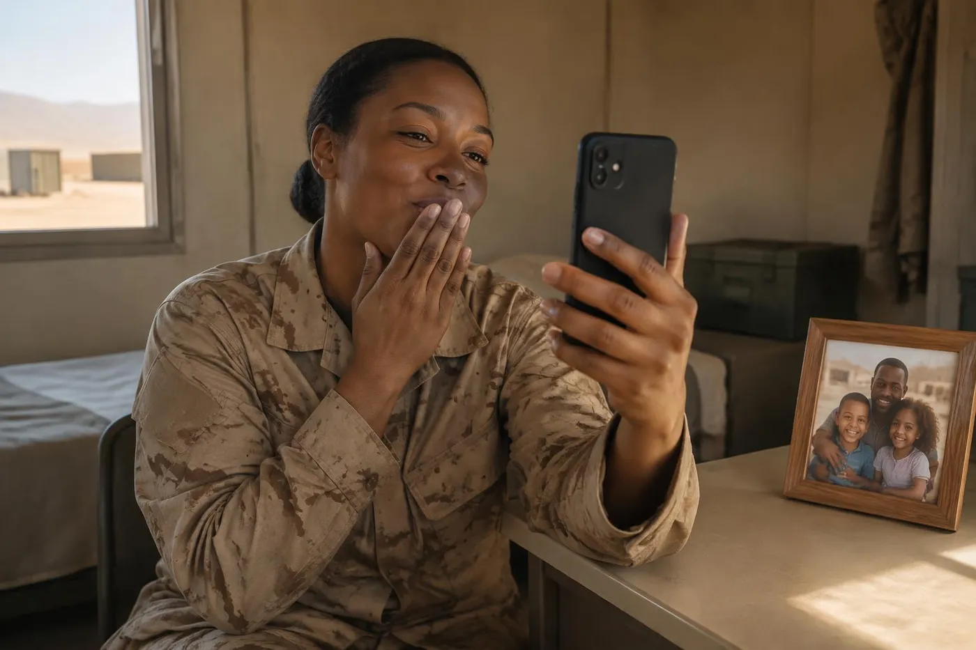 A Black military mother stationed overseas recording a personal message for her husband after completing messages for their children.