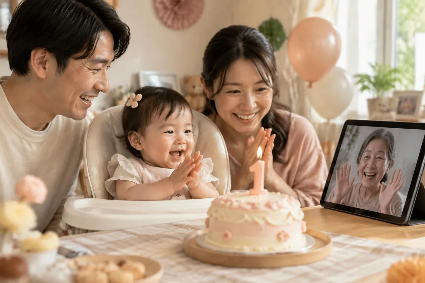 An Asian family watching Grandma's recorded message on a tablet during their baby's first birthday.