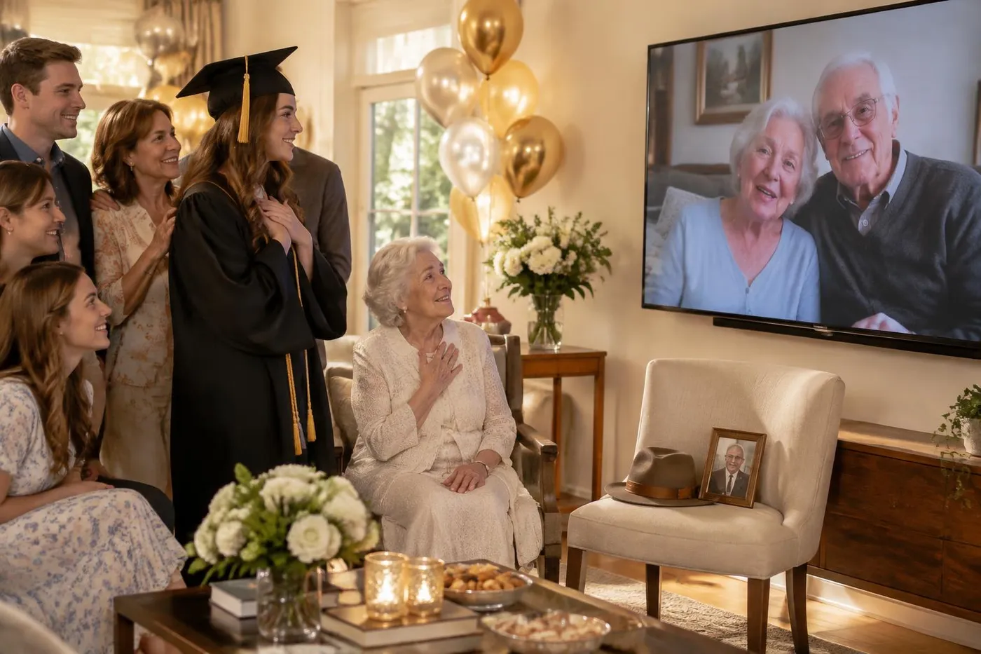 A graduate and family watching a recorded message from both grandparents while Grandma tearfully watches in person.